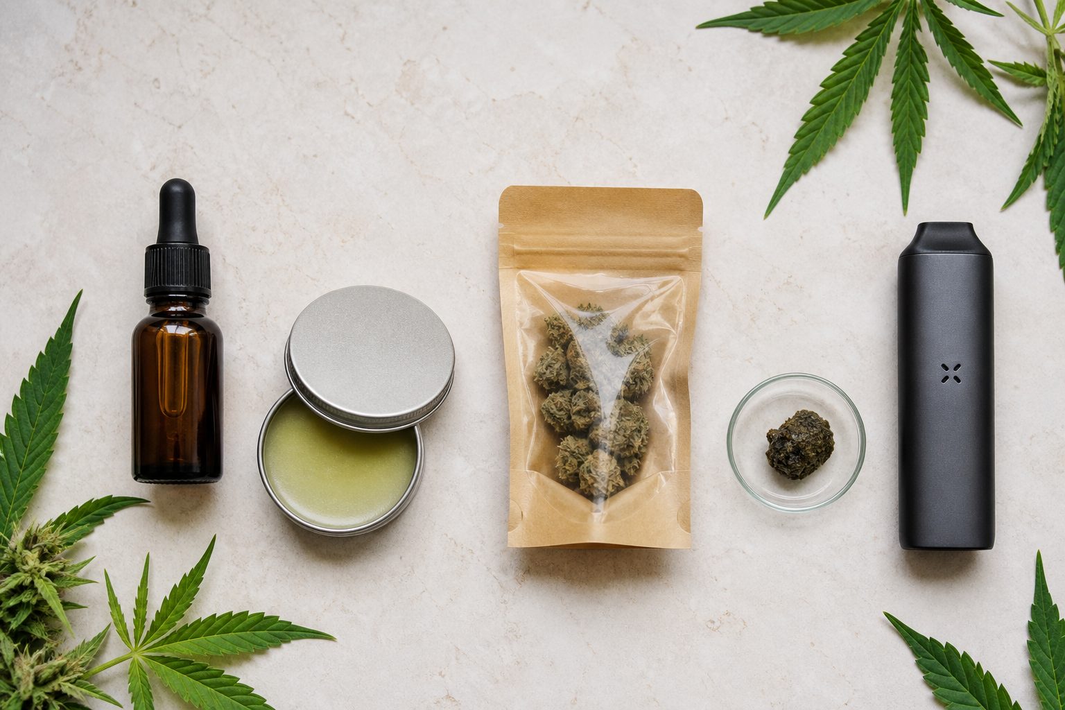 Selección ordenada de formatos de CBD con aceite, cosmética, flores, resina y vaporizador