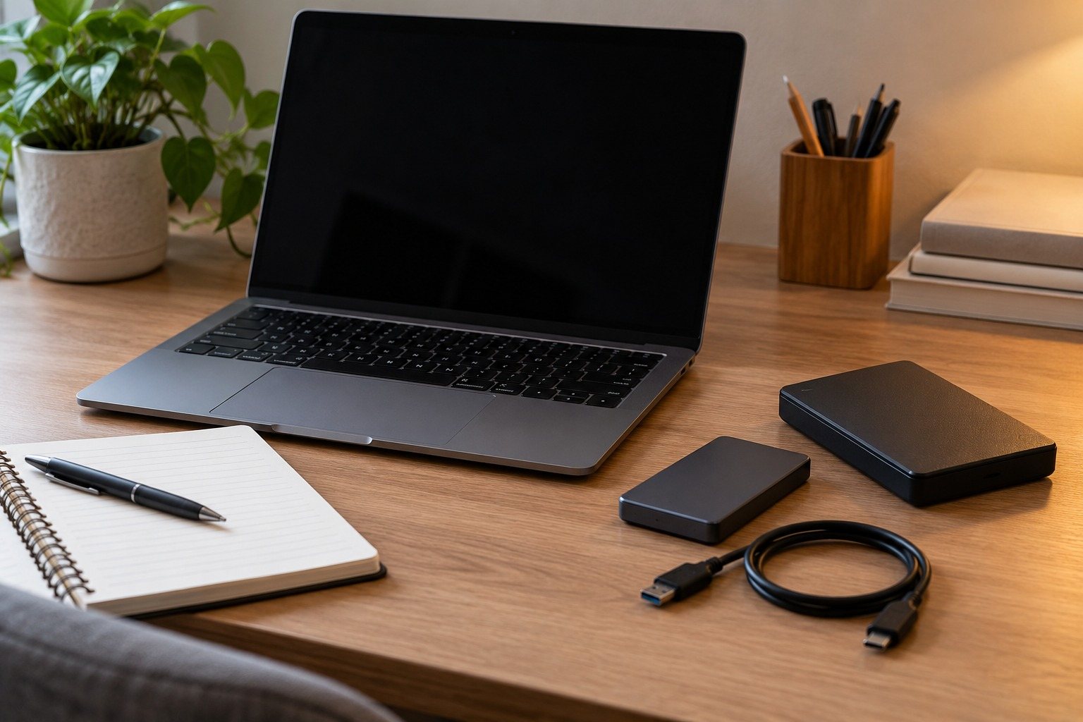 Disco externo para estudiar: capacidad, conexión y copias de seguridad — Imagen 1 Portátil, dos unidades externas y un cuaderno sobre una mesa de estudio.