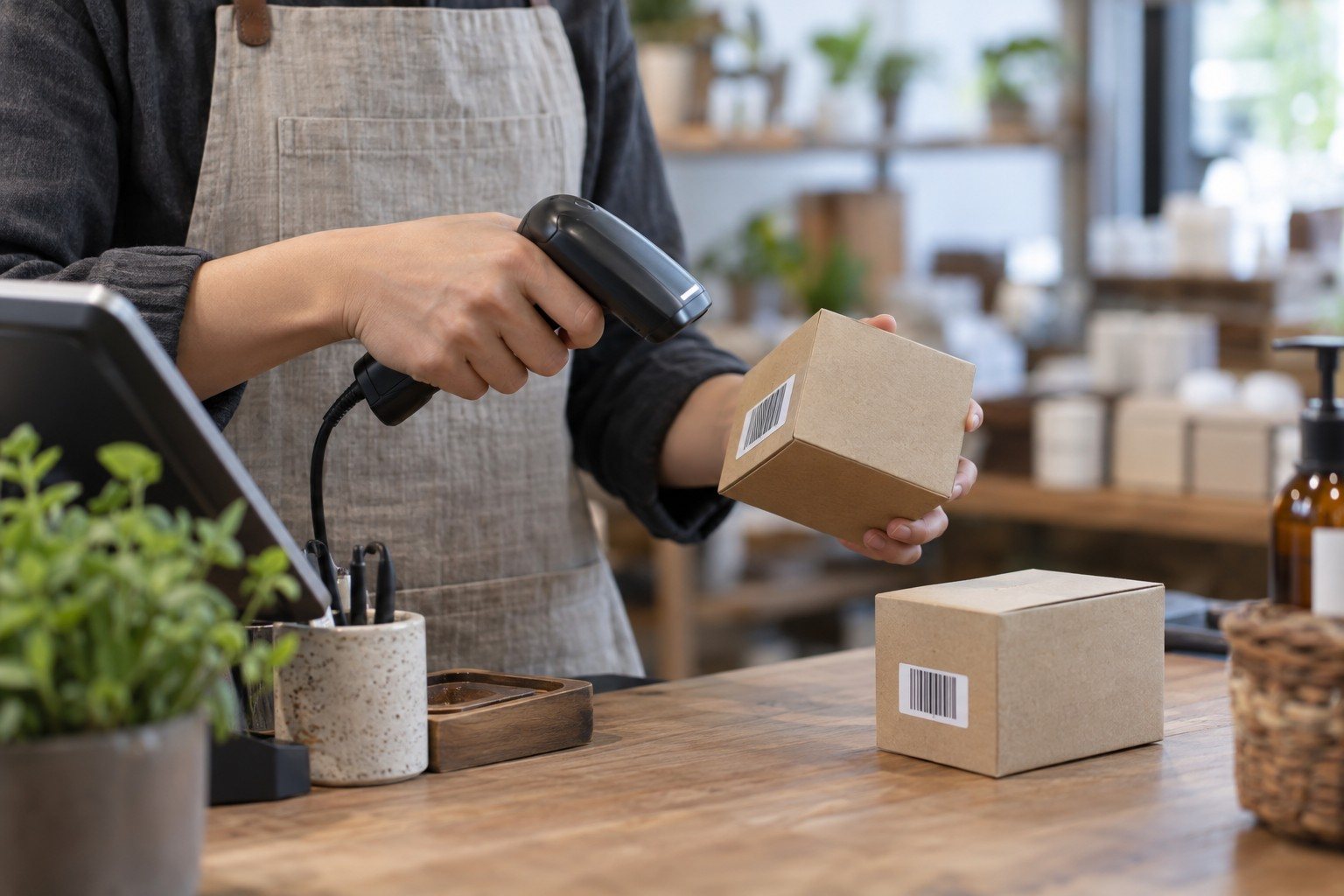 Mano escaneando la etiqueta de una caja junto a productos similares.